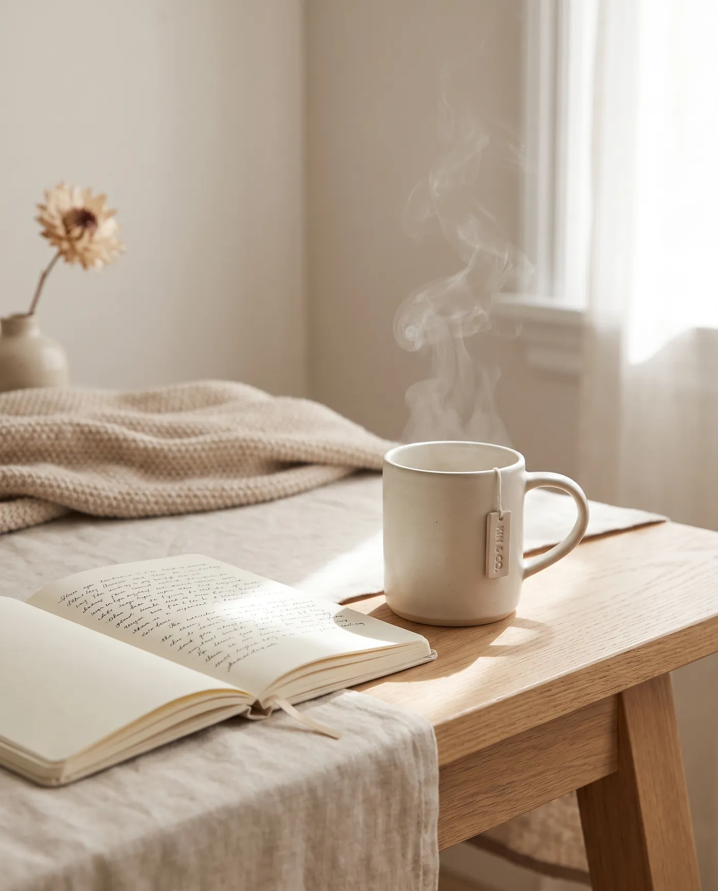 Cuaderno devocional abierto junto a una taza de café humeante sobre una mesa de madera