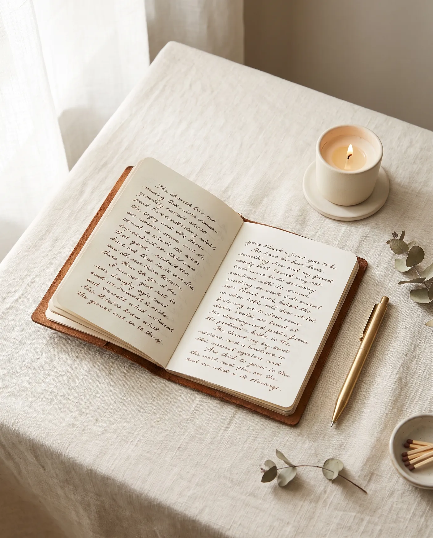 Cuaderno de reflexión abierto junto a una vela, en un ambiente cálido y luminoso